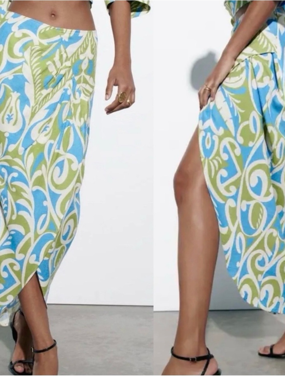 Zara Blue, Olive & White Printed wrap Skirt Small